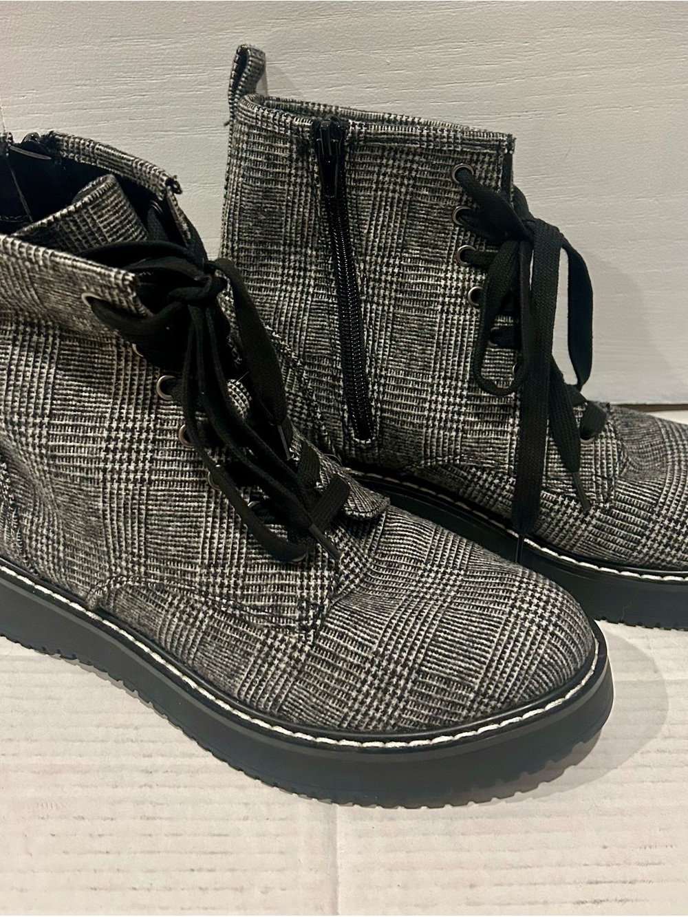 Madden Girl Black & White Plaid Lace-Up Combat Boots